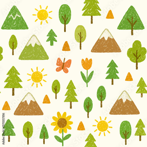 Simple, colorful crayon drawings of nature elements, including mountains, trees, sun, flowers, and a butterfly, create a repeating pattern on a white background.