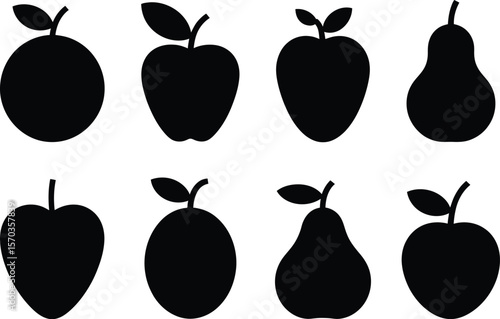 A set of black fruit silhouettes including apples oranges and pears on white background