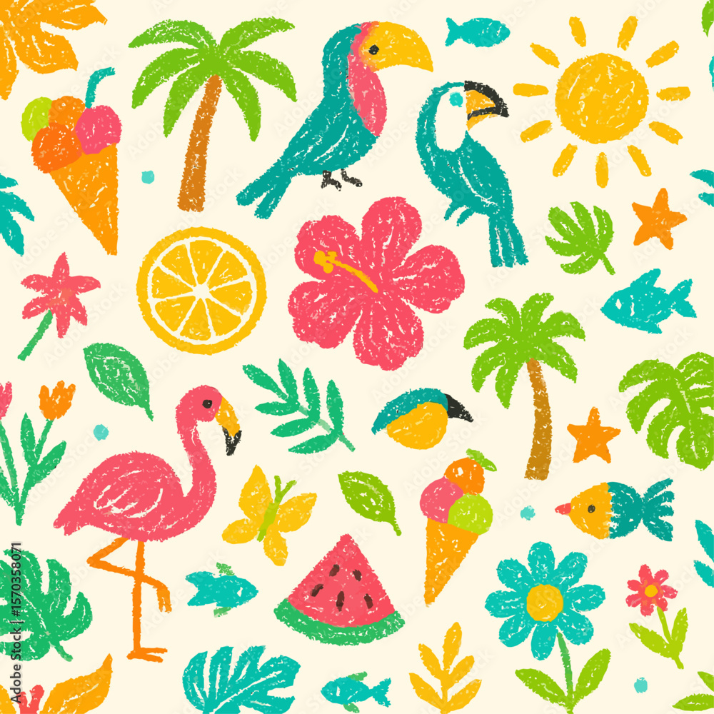 Naklejka premium Colorful hand-drawn illustration featuring tropical birds, flowers, and summer treats.