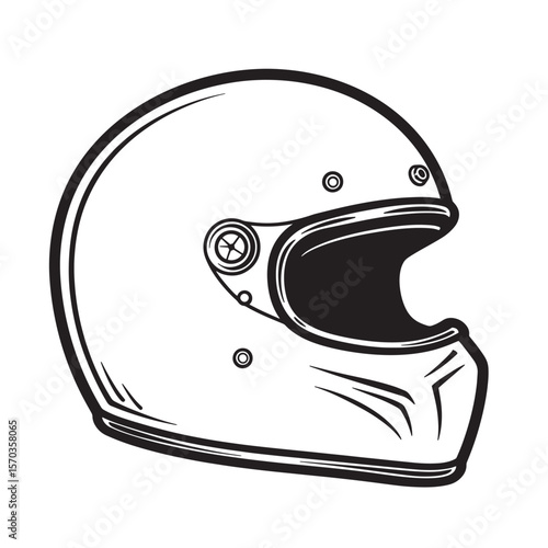Classic motorcycle helmet design illustration in black and white vintage art for racing and safety