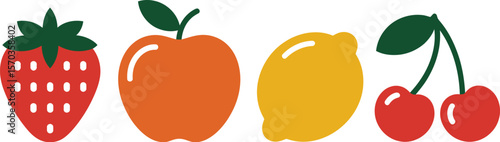 A simple illustration of a strawberry, apple, lemon, and cherries lined up nicely