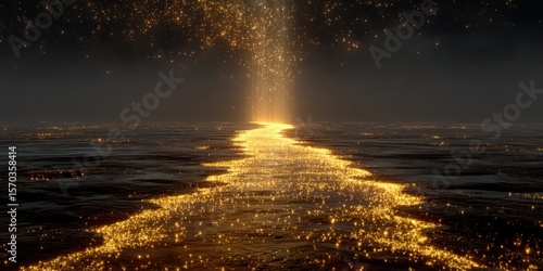 Golden river of light flowing through dark water image