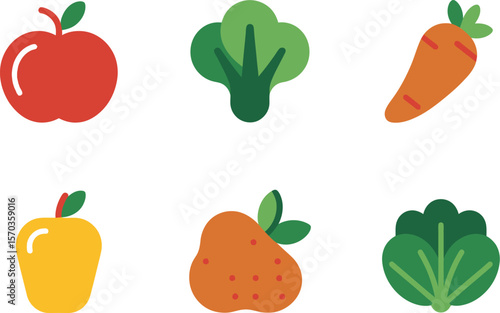 A simple illustration of various fruits and vegetables on a white background flat lay