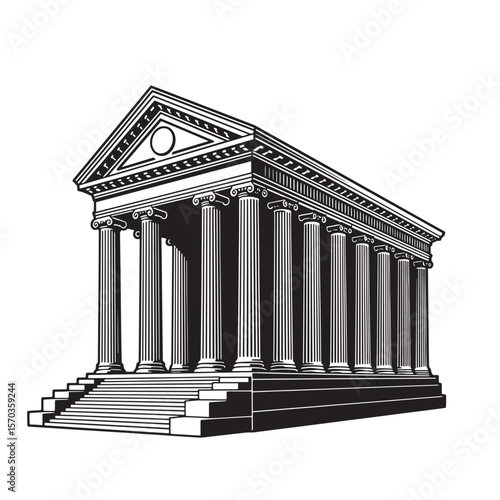 Elegant illustration of a vintage art black and white neoclassical temple with doric columns and steps
