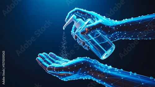 Digital hands using sanitizer dispenser with blue background

