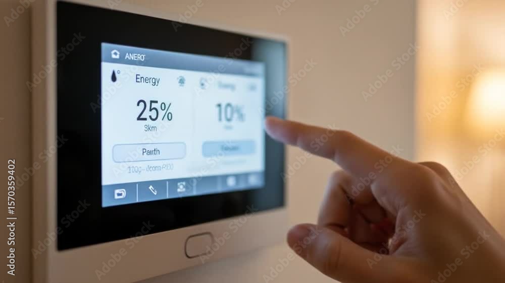 Energy Control: Finger Taps Smart Home Display to Adjust Settings from 25% to 10%