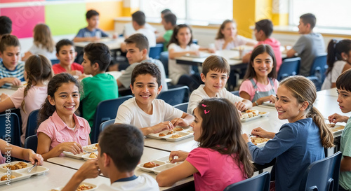 Elementary school students eating lunch in school cafeteria