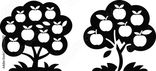 Two apple trees with apples in black and white minimalist vector illustration