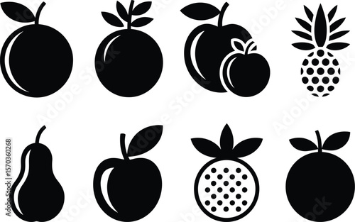 A set of eight black and white fruit icons including oranges apples pears and pineapple