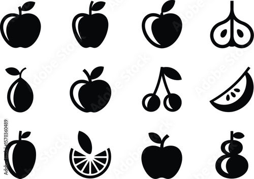 A collection of black and white fruit icons including apples pears and citrus fruit