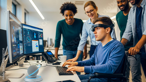 Realistic photo of a quadriplegic developer using eye-tracking software in an inclusive workspace from eye-level view
