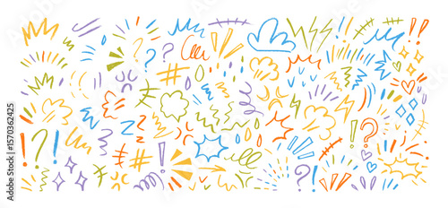 Colorful line movement elements, crayon drawn emotional decoration elements. Doodle emphasis icons. Comic express lines and shapes. Vector illustration, wind, sparkle, question, shine sunburst.
