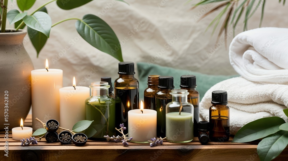Aromatherapy still life featuring essential oil bottles, candles, and towels arranged with greenery. Aromatherapy still life featuring essential oil bottles, candles, and towels arranged with greenery.