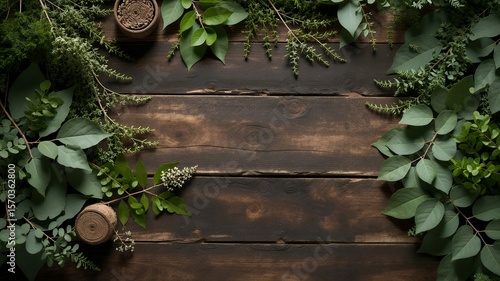 Elegant botanical arrangement with eucalyptus and sprigs framing a dark, rustic wooden background.