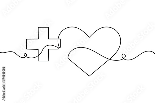 Isolated medical cross outline vector in continuous one line minimalist drawing for healthcare symbol
