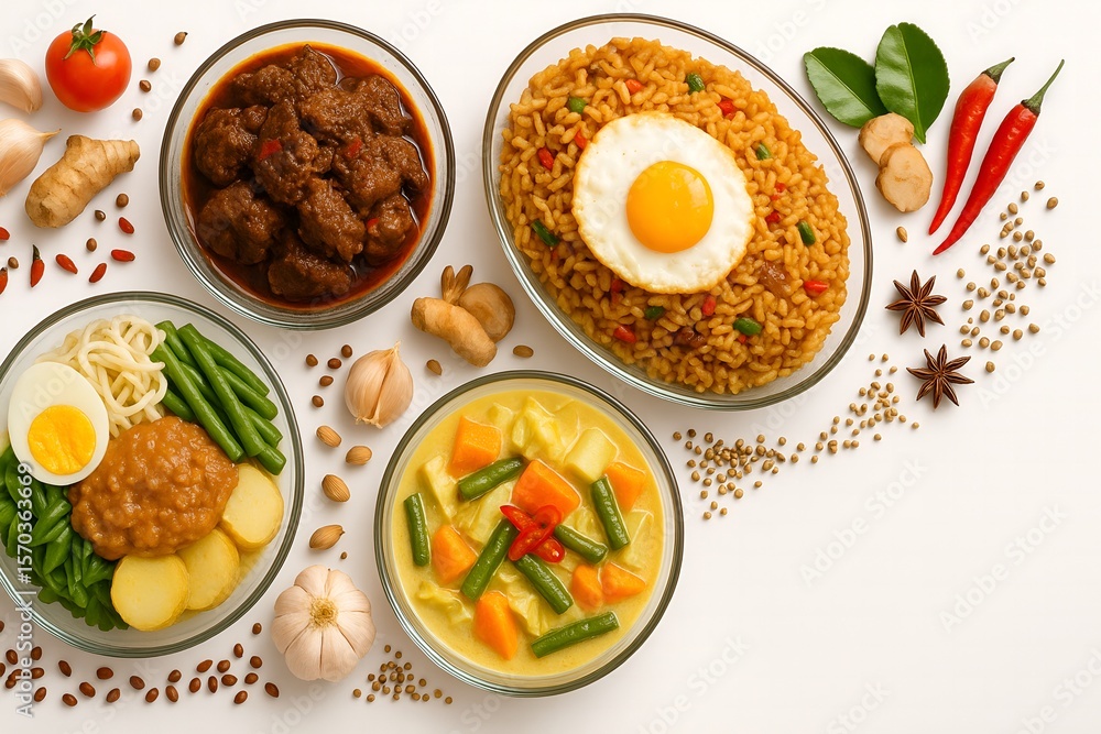 Some typical Indonesian food seen from above with some traditional Indonesian herbs and spices ornamentation Some typical Indonesian food seen from above with some traditional Indonesian herbs and spices ornamentation