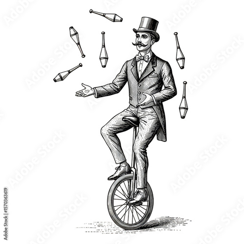 Vintage Juggler Illustration Man on Unicycle Circus Performance Art