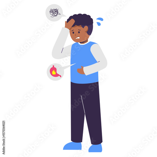 african man who suffer from stomach ache, discomfort, pain, heartburn, or GERD. the connection between stress and digestive discomfort