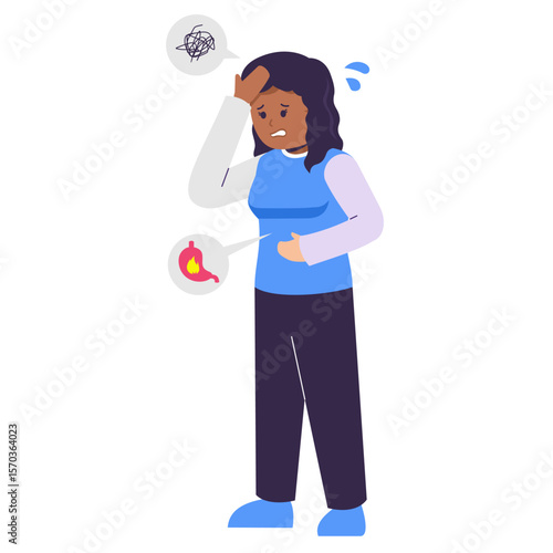 african Women who suffer from stomach ache, discomfort, pain, heartburn, or GERD. the connection between stress and digestive discomfort