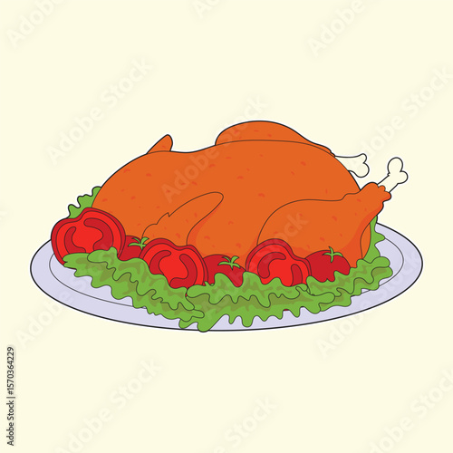 Hand drawn roast chicken on plate with lettuce and tomatoes in cute cartoon style, ideal for thanksgiving dinner, festive holiday meals, culinary designs, food packaging, and seasonal creative project