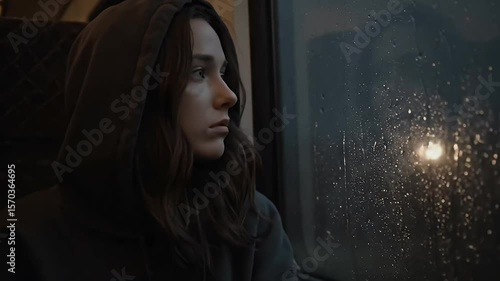 A pensive young woman gazes out a rain-streaked window during a somber journey.