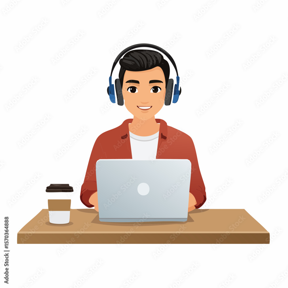 Young man works at a laptop with headphones and coffee, providing a clean, modern design element for websites or promotional assets. Young man works at a laptop with headphones and coffee, providing a clean, modern design element for websites or promotional assets.