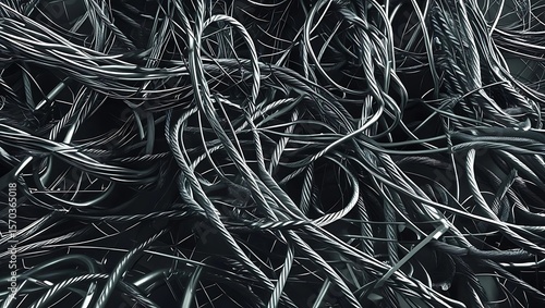 A tangled and chaotic mass of intertwined metal wires, creating a complex and abstract pattern.