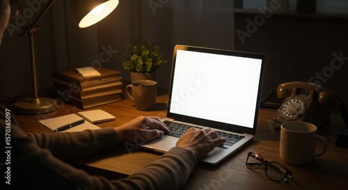Wallpaper Mural Person working late at night on a laptop with a vintage telephone on the desk Torontodigital.ca