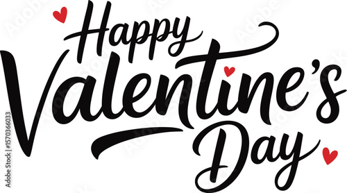 Happy Valentine's Day Calligraphy Text with Red Hearts, Romantic Holiday Greeting