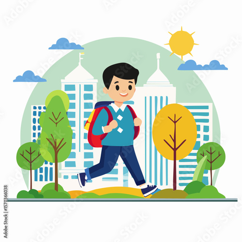 A cheerful schoolboy with a backpack is running outdoors in an urban setting with cityscape background in a flat design.