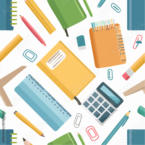 Back to school design featuring calculator, notebooks, pencils, ruler and other stationery creating a vibrant pattern suitable for various creative projects.