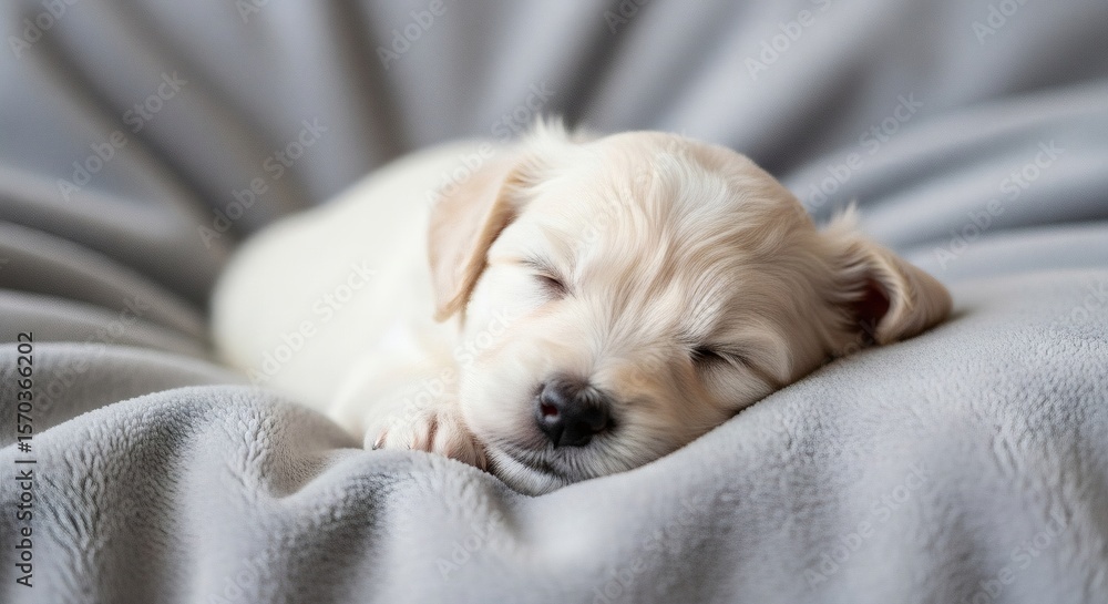 A small golden retriever puppy sleeping peacefully on a soft gray blanket in a close up shot view A small golden retriever puppy sleeping peacefully on a soft gray blanket in a close up shot view