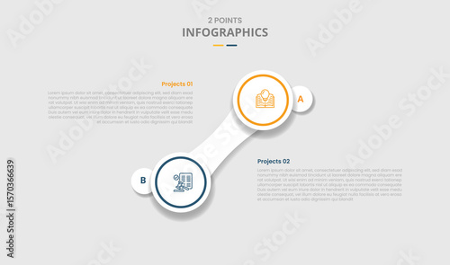 2 points comparison versus for infographic with big circle and rectangle block connection vertical standing with drop shadow with two point list information