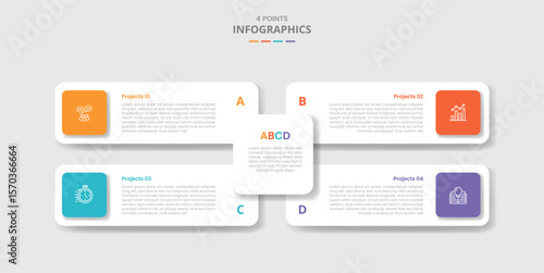 4 points template infographic with long rectangle box on quadrant structure with drop shadow style with four stage list information