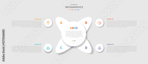 4 points template infographic with big circle and oval rotation on matrix quadrant with drop shadow style with four stage list information