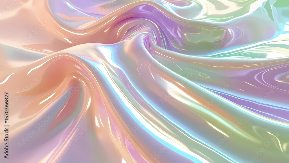 Fototapeta premium Abstract iridescent flowing surface with swirls, showing pastel hues and a glossy, smooth texture.
