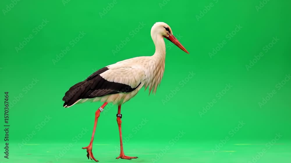 White stork with long red legs and beak, walking confidently against a vibrant green screen background, perfect for wildlife and nature content White stork with long red legs and beak, walking confidently against a vibrant green screen background, perfect for wildlife and nature content