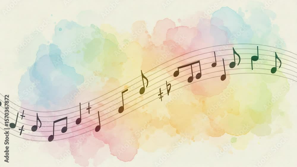 Musical notes dance across a colorful watercolor background, creating harmony