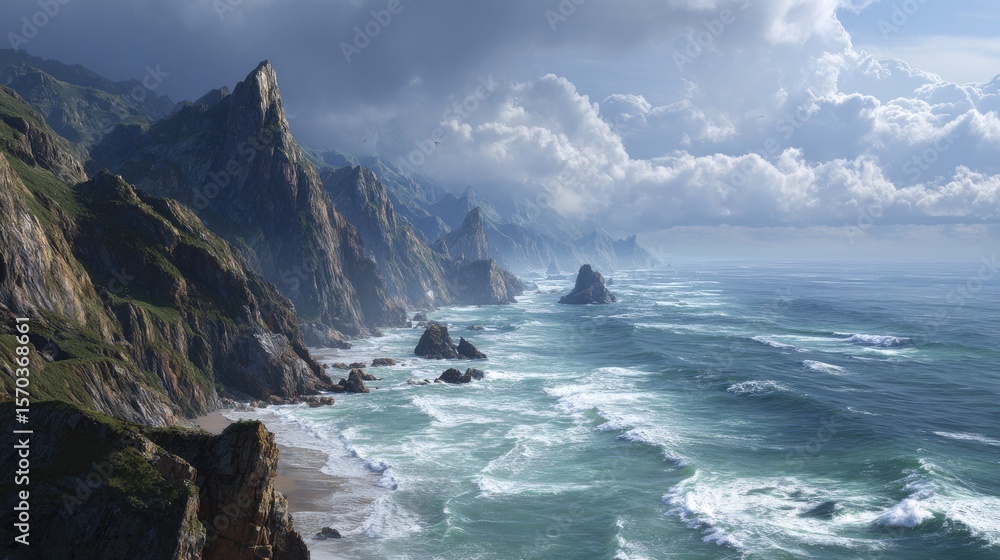 Obraz premium Rugged coastline with crashing waves and dramatic clouds ocean cliffs