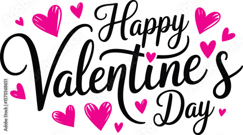 Happy Valentine's Day Calligraphy with Pink Hearts, Romantic Celebration Design