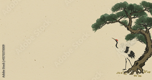 松と鶴の和風背景素材、ヴィンテージ和柄、浮世絵、木版画、日本画、水墨画