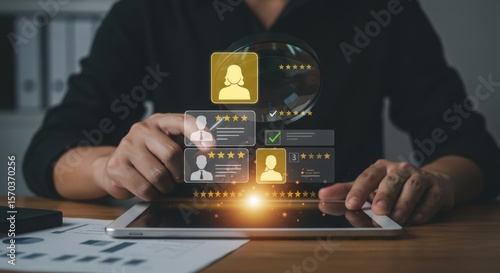 Human resources manager reviews candidate profiles on a tablet for hiring