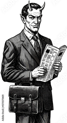 Retro Devil Businessman Illustration with Newspaper Reading Evil Style