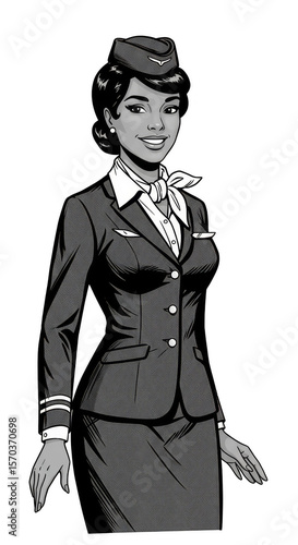 Retro Stewardess in Uniform Vintage Airline Woman Elegant Smiling PNG