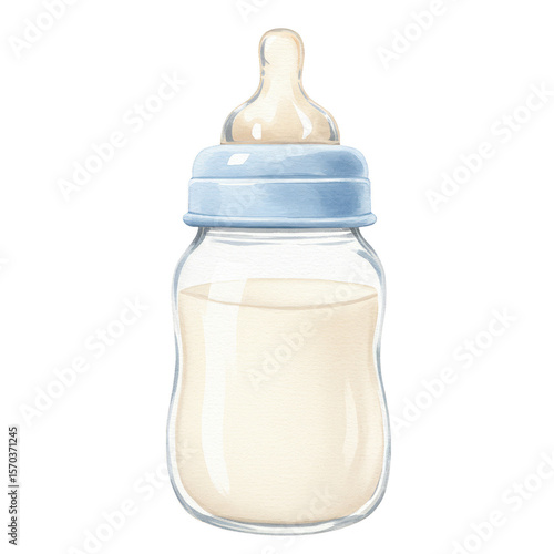 Watercolor Illustration of Transparent Baby Bottle with Blue Details
