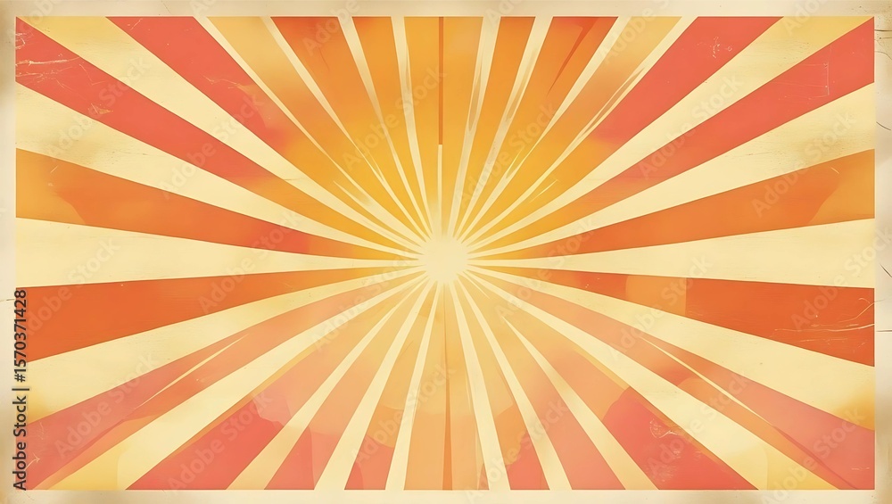 Obraz premium Vintage sunburst design in warm orange and yellow tones, radiating from a central point, textured background.