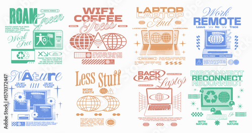 Digital nomad urban graphic t-shirt set for print, Nomadic remote working, freelance, Vintage environment graphic collection, Work and sustainability poster design bundle