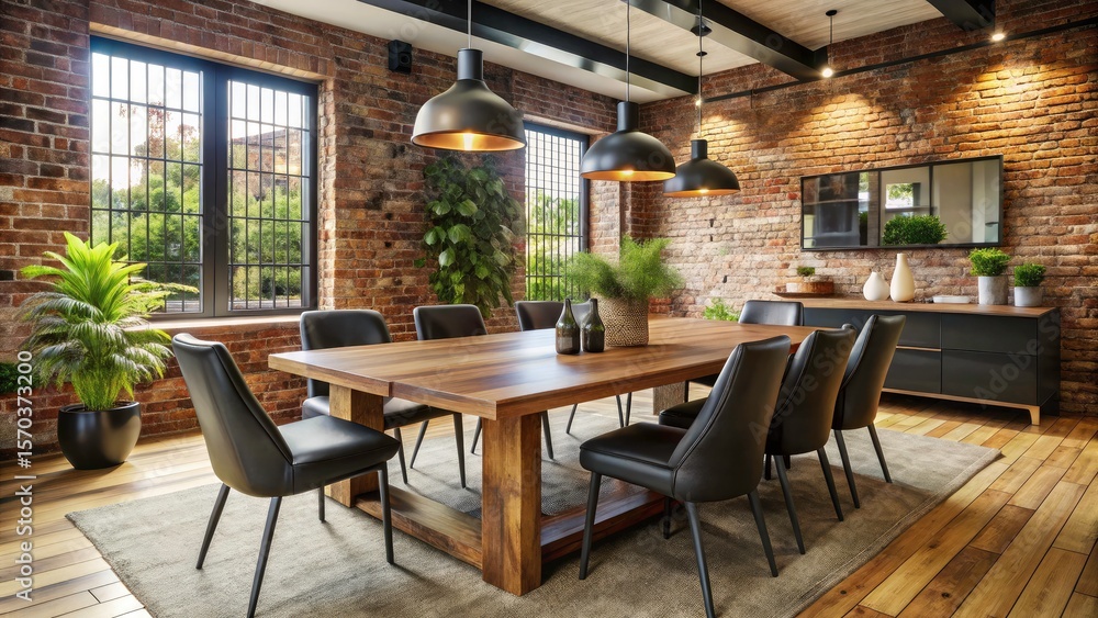 Modern dining room features a brick wall, wooden table, and black chairs, showcasing stylish interior design. Modern dining room features a brick wall, wooden table, and black chairs, showcasing stylish interior design.