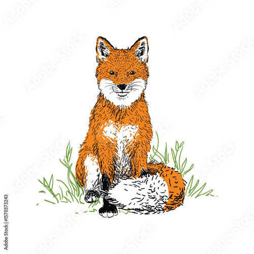 Fox with orange fur sit above green grass herb and observe around. Illustration for logo, poster, and print with hand drawn style