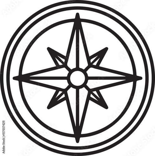 Black line drawing of a compass rose with eight points inside concentric circles.